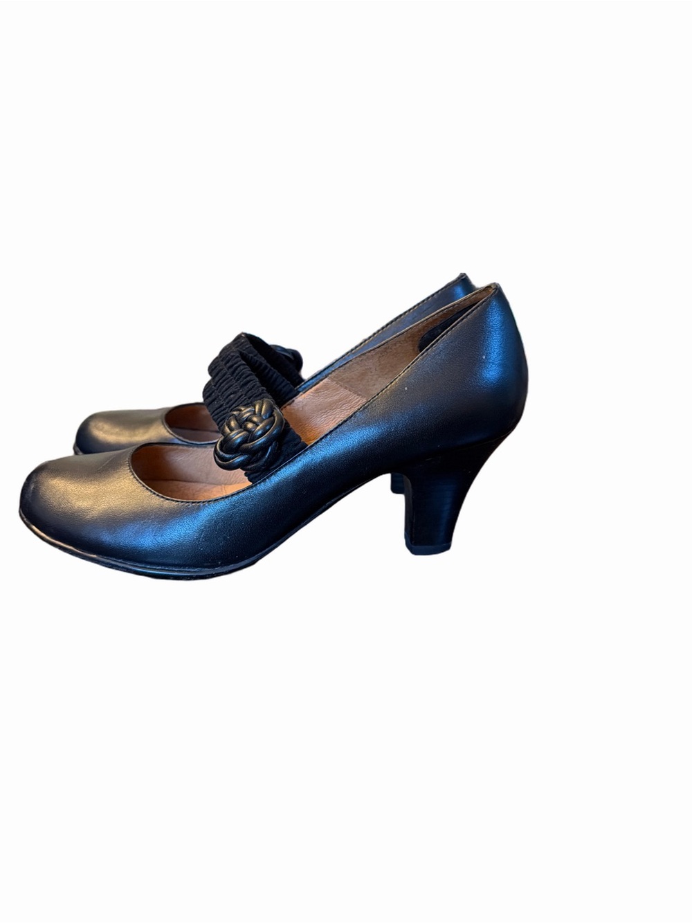 Sofft Classic Black Leather Mary Jane Heels with Decorative Strap